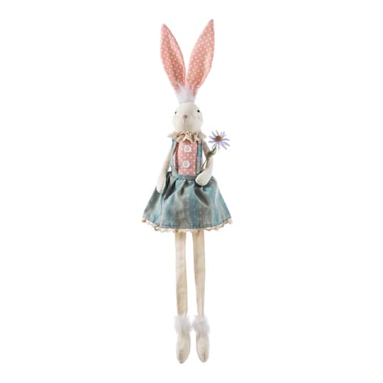 Glitzhome® 29.5" Easter Fabric Girl Bunny with Dangling Legs Figurine in Blue | 6.25" x 5.5" x 29.5" | Michaels®